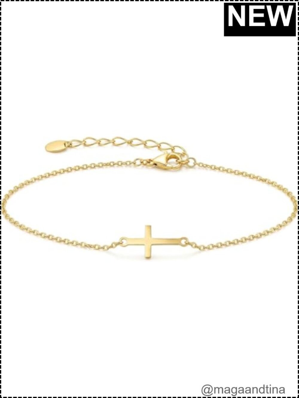 14k Gold Cross Bracelet Dainty Link Chain Adjustable